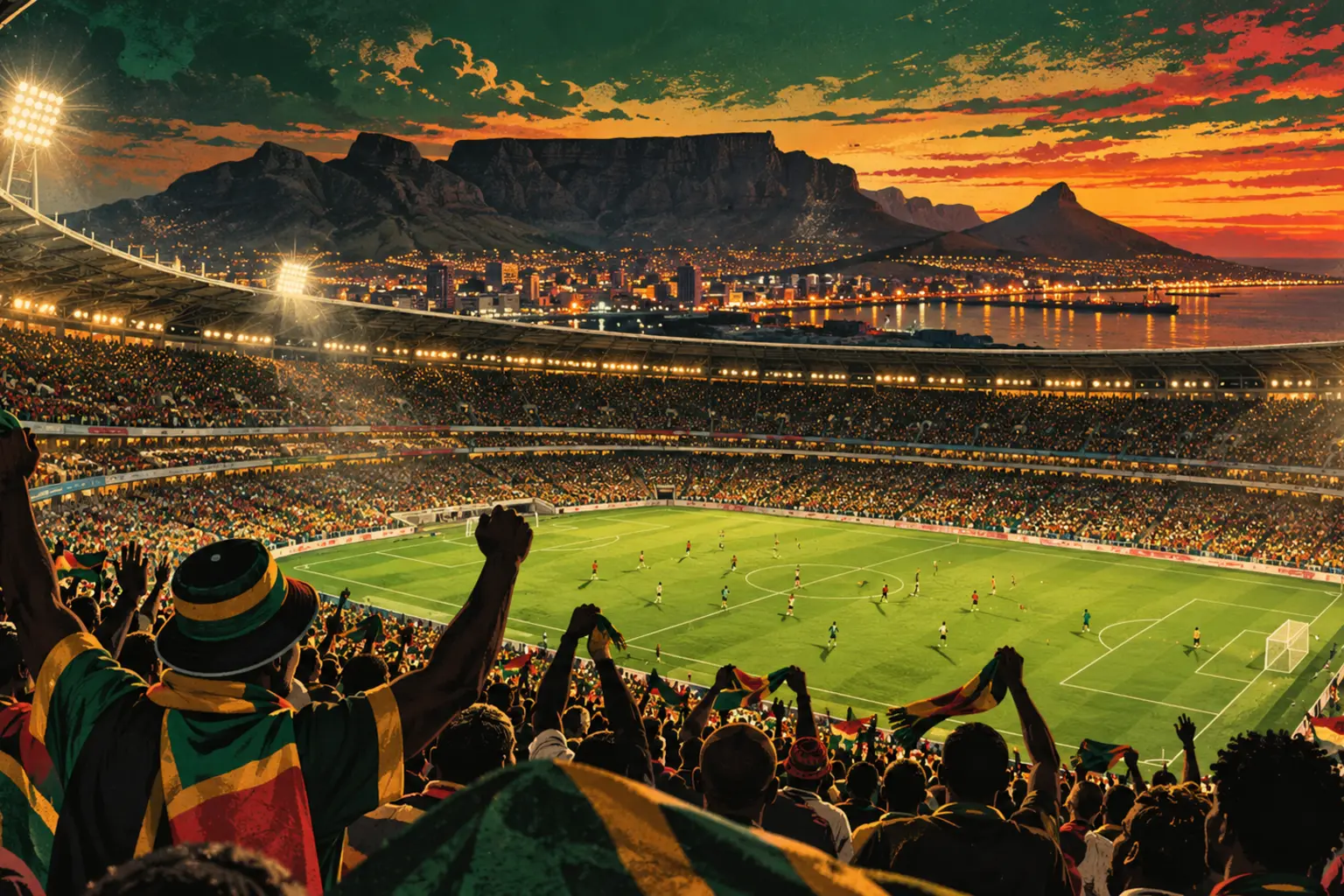 Original editorial illustration of a South African football stadium at dusk